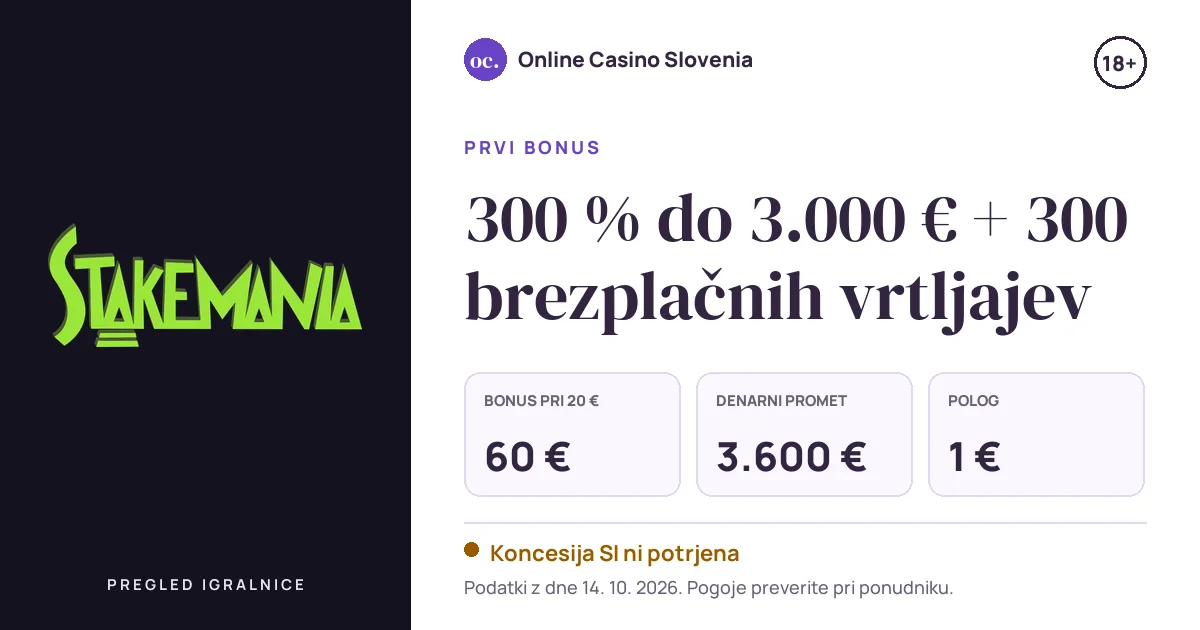 Bonus Stakemania Casino: 300 % do 3.000 € + 300 brezplačnih vrtljajev, polog 1 €, odigravanje 45×