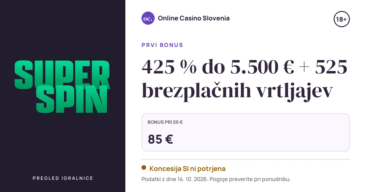 Bonus Superspin Casino: 425 % do 5.500 € + 525 brezplačnih vrtljajev