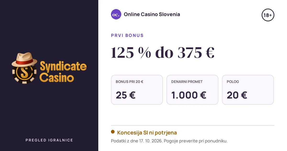 Bonus Syndicate Casino: 125 % do 375 €, polog 20 €, odigravanje 40×