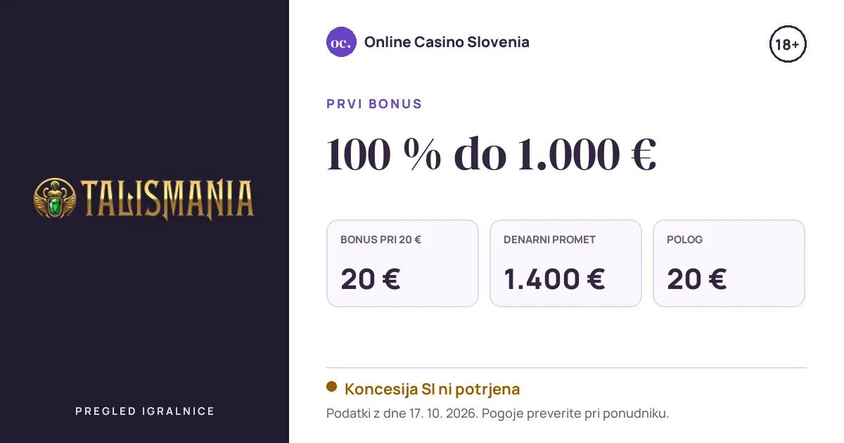 Bonus Talismania: 100 % do 1.000 €, polog 20 €, odigravanje 35×