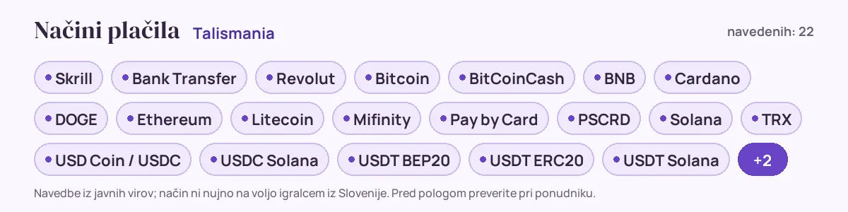 Načini plačila pri Talismania: Skrill, Bank Transfer, Revolut, Bitcoin, BitCoinCash, BNB in še 16