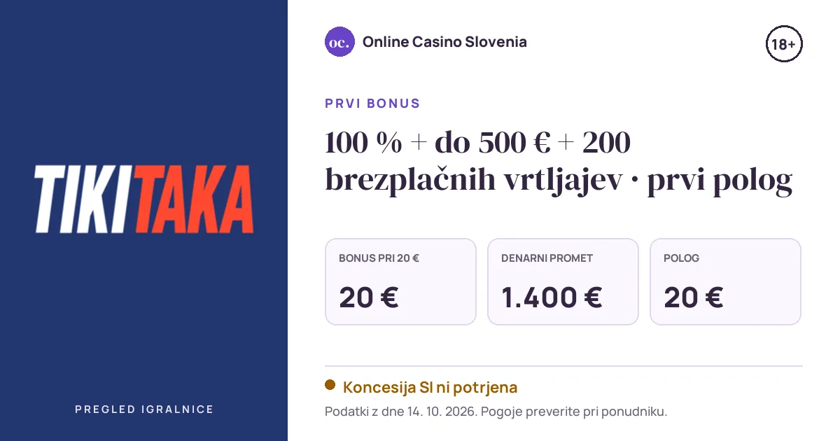 Bonus TikiTaka: 100 % + do 500 € + 200 brezplačnih vrtljajev · prvi polog, polog 20 €, odigravanje 35×