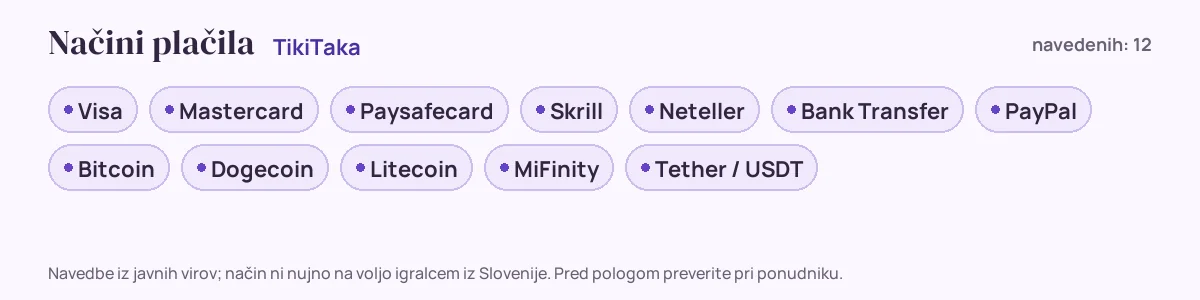 Načini plačila pri TikiTaka: Visa, Mastercard, Paysafecard, Skrill, Neteller, Bank Transfer in še 6