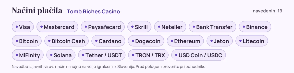 Načini plačila pri Tomb Riches Casino: Visa, Mastercard, Paysafecard, Skrill, Neteller, Bank Transfer in še 13