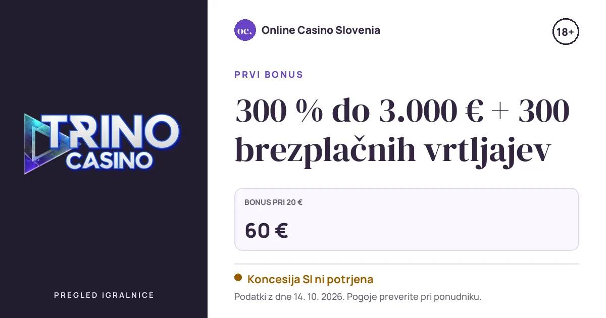 Bonus Trino Casino: 300 % do 3.000 € + 300 brezplačnih vrtljajev