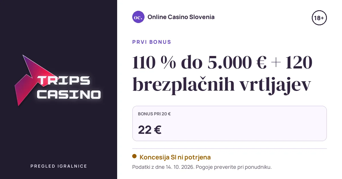 Bonus Trips Casino: 110 % do 5.000 € + 120 brezplačnih vrtljajev