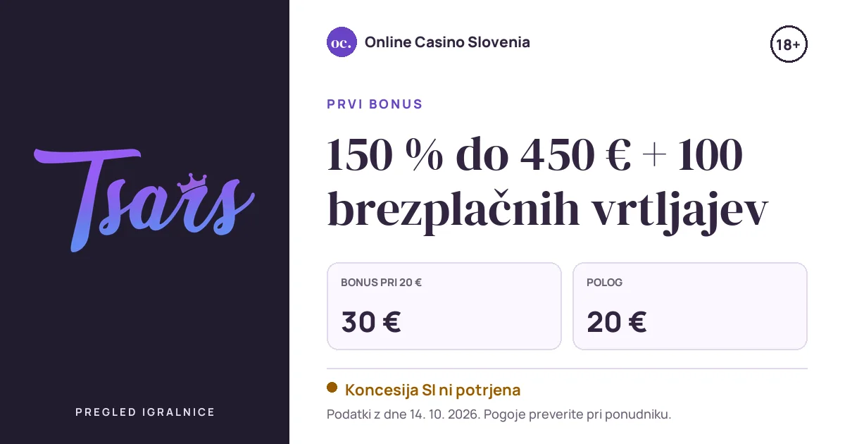 Bonus Tsars: 150 % do 450 € + 100 brezplačnih vrtljajev, polog 20 €