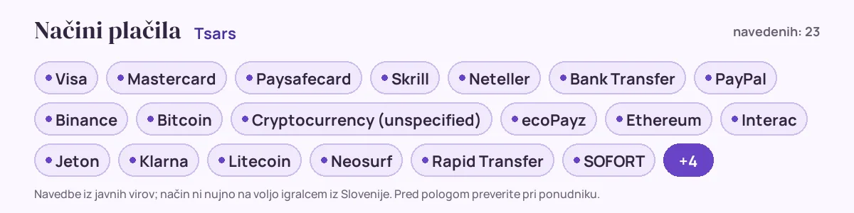 Načini plačila pri Tsars: Visa, Mastercard, Paysafecard, Skrill, Neteller, Bank Transfer in še 17