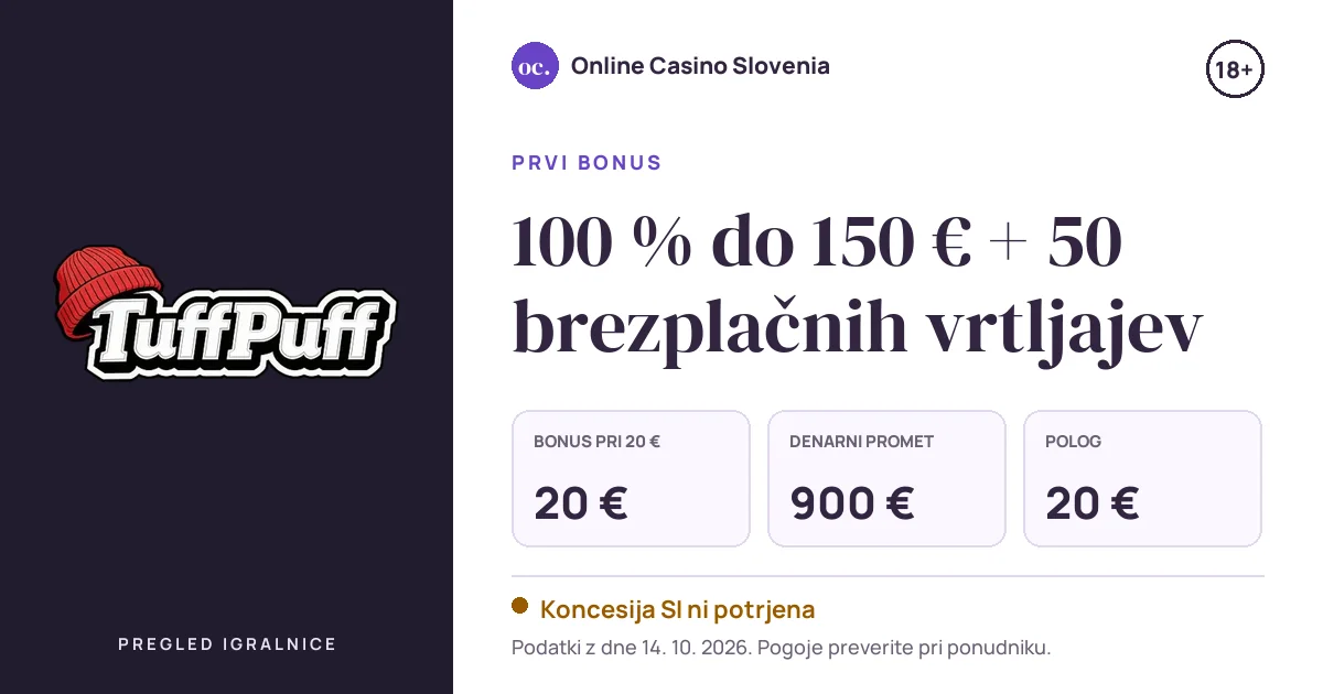 Bonus TuffPuff Casino: 100 % do 150 € + 50 brezplačnih vrtljajev, polog 20 €, odigravanje 45×