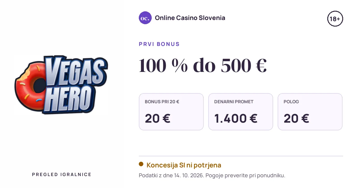 Bonus Vegas Hero: 100 % do 500 €, polog 20 €, odigravanje 35×