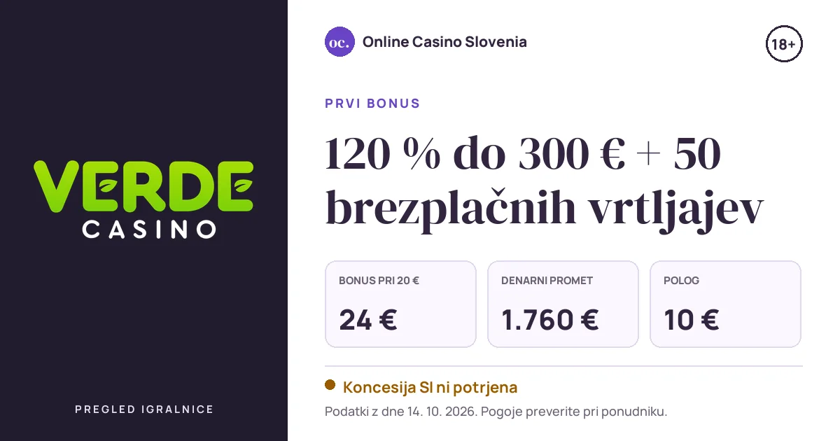 Bonus Verde Casino: 120 % do 300 € + 50 brezplačnih vrtljajev, polog 10 €, odigravanje 40×