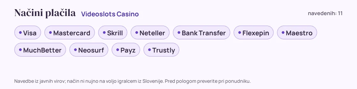 Načini plačila pri Videoslots Casino: Visa, Mastercard, Skrill, Neteller, Bank Transfer, Flexepin in še 5