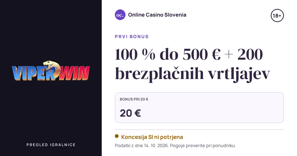 Bonus ViperWin Casino: 100 % do 500 € + 200 brezplačnih vrtljajev