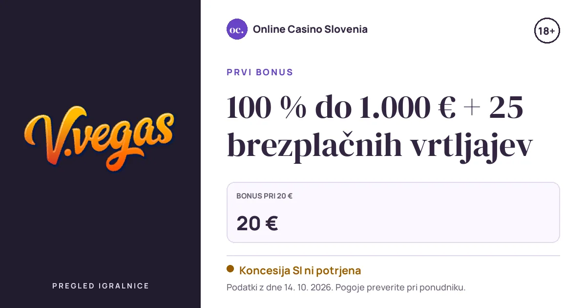 Bonus V.Vegas Casino: 100 % do 1.000 € + 25 brezplačnih vrtljajev