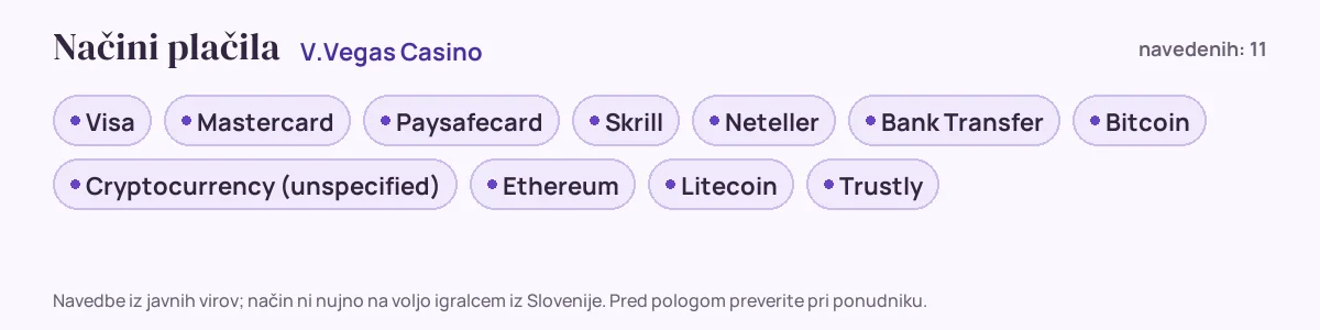 Načini plačila pri V.Vegas Casino: Visa, Mastercard, Paysafecard, Skrill, Neteller, Bank Transfer in še 5