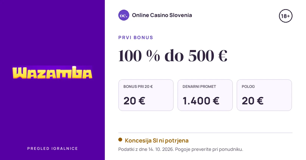 Bonus Wazamba: 100 % do 500 €, polog 20 €, odigravanje 35×
