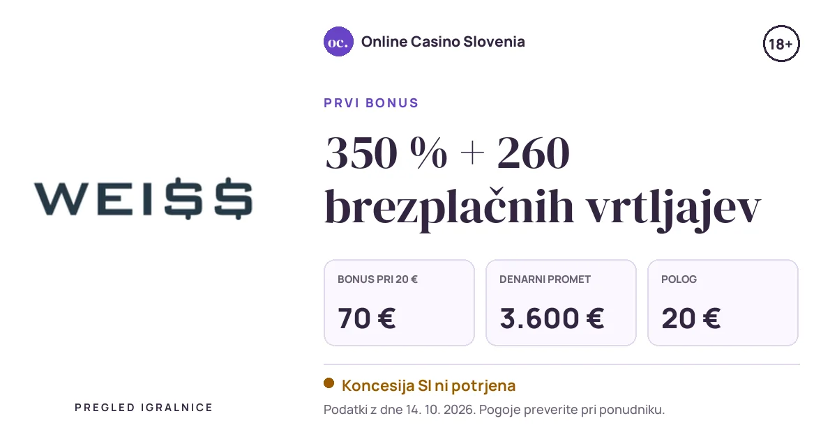 Bonus Weiss: 350 % + 260 brezplačnih vrtljajev, polog 20 €, odigravanje 40×