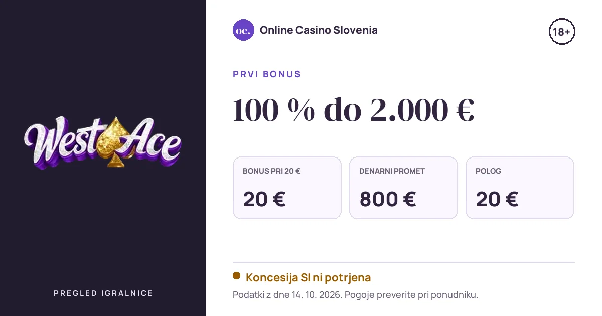 Bonus Westace Casino: 100 % do 2.000 €, polog 20 €, odigravanje 20×