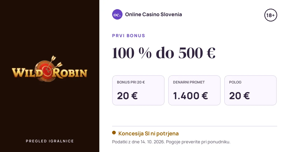 Bonus WildRobin: 100 % do 500 €, polog 20 €, odigravanje 35×
