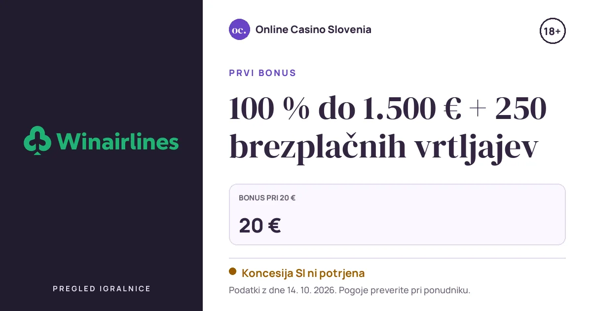Bonus Winairlines Casino: 100 % do 1.500 € + 250 brezplačnih vrtljajev
