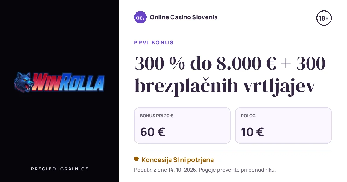 Bonus WinRolla: 300 % do 8.000 € + 300 brezplačnih vrtljajev, polog 10 €