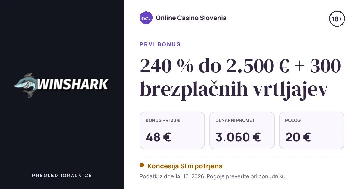 Bonus Winshark: 240 % do 2.500 € + 300 brezplačnih vrtljajev, polog 20 €, odigravanje 45×