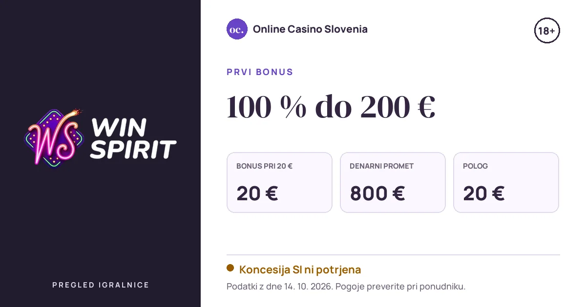 Bonus WinSpirit Casino: 100 % do 200 €, polog 20 €, odigravanje 40×