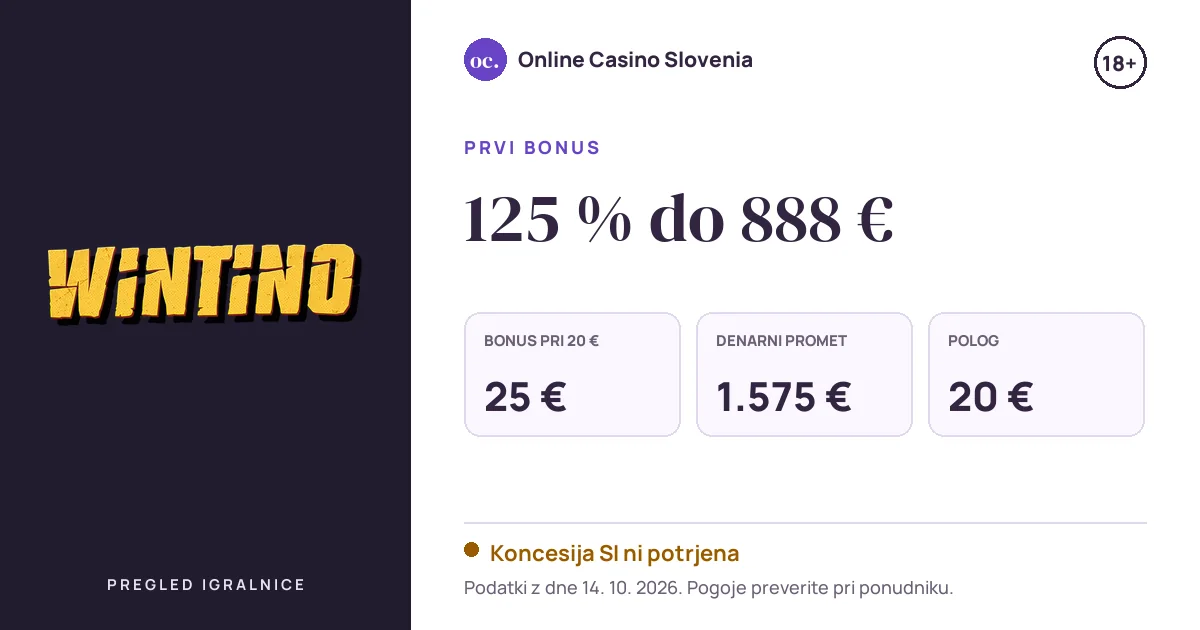 Bonus Wintino Casino: 125 % do 888 €, polog 20 €, odigravanje 35×