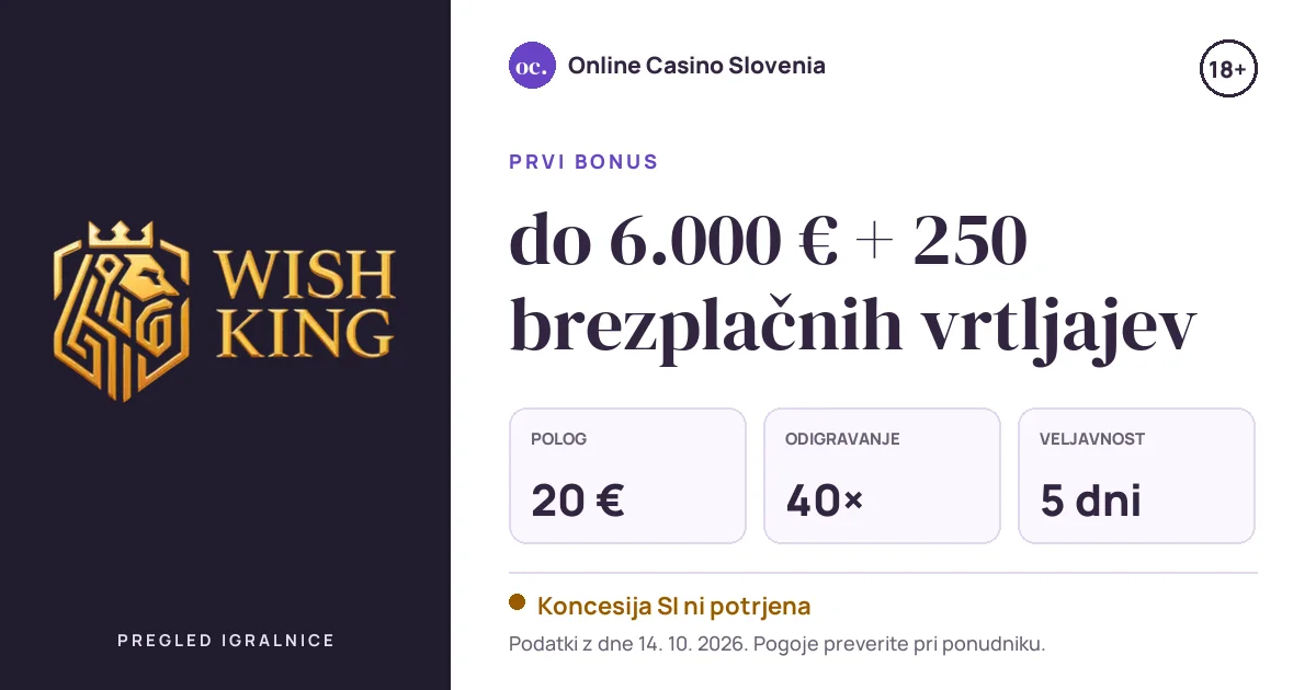 Bonus WishKing: do 6.000 € + 250 brezplačnih vrtljajev, polog 20 €, odigravanje 40×