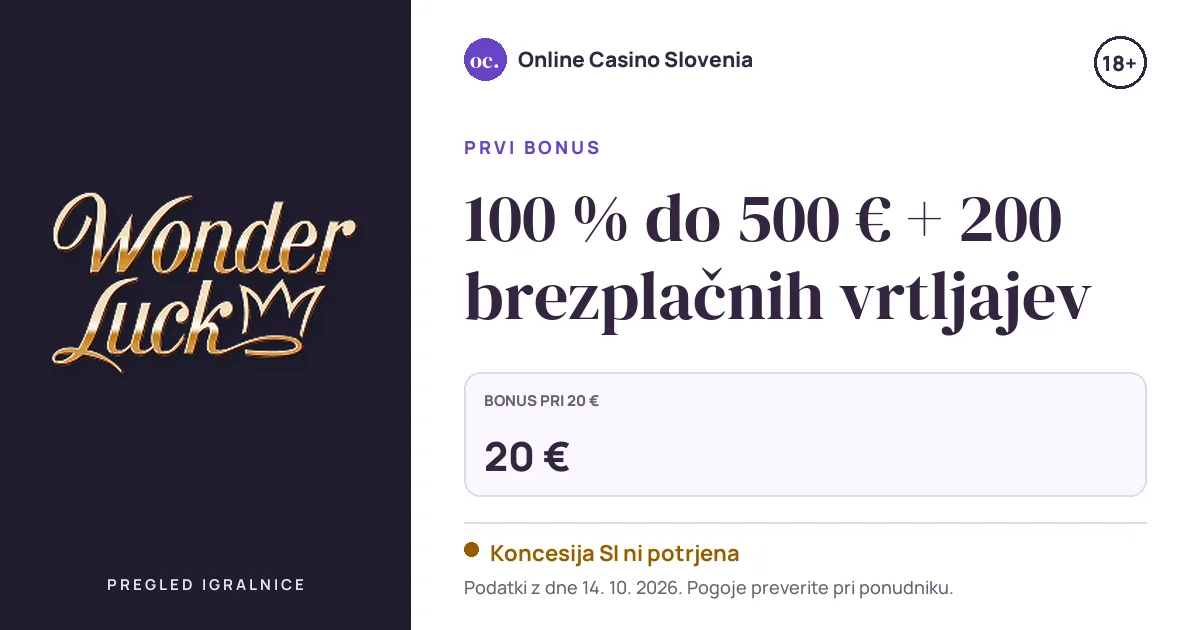 Bonus Wonder Luck Casino: 100 % do 500 € + 200 brezplačnih vrtljajev