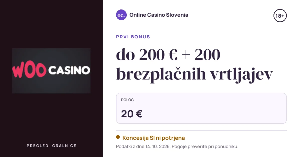 Bonus Woocasino: do 200 € + 200 brezplačnih vrtljajev, polog 20 €