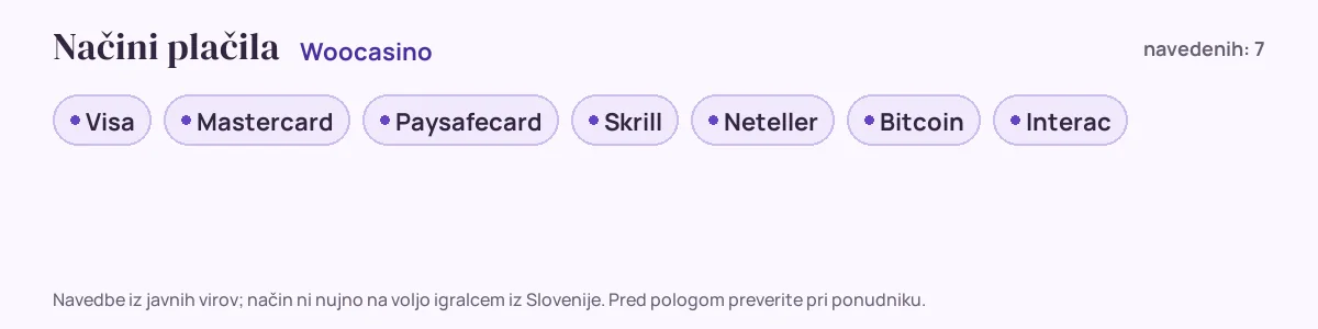 Načini plačila pri Woocasino: Visa, Mastercard, Paysafecard, Skrill, Neteller, Bitcoin in še 1