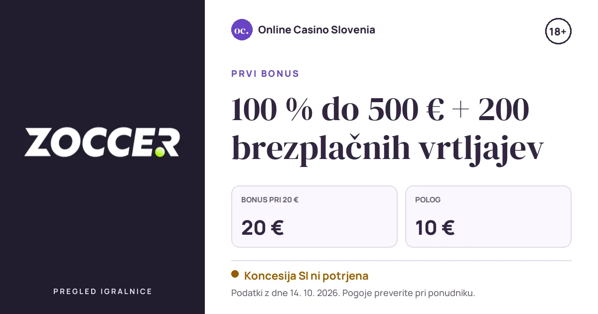 Bonus Zoccer Casino: 100 % do 500 € + 200 brezplačnih vrtljajev, polog 10 €