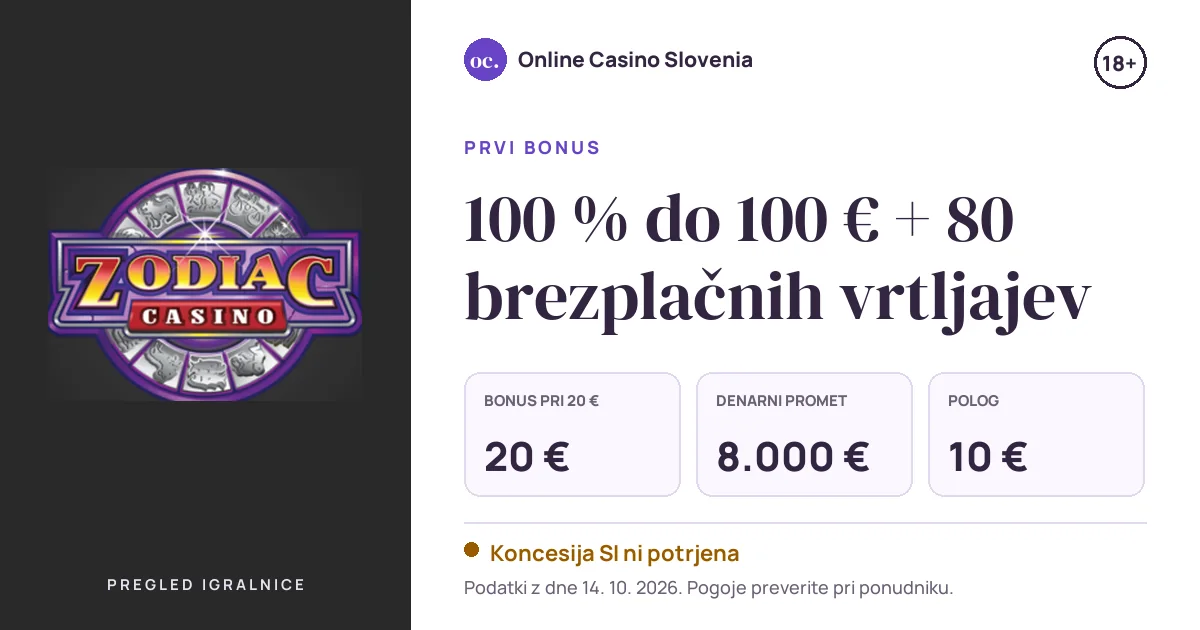 Bonus Zodiac: 100 % do 100 € + 80 brezplačnih vrtljajev, polog 10 €, odigravanje 200×